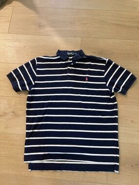Ralph Lauren Navy and White Striped Polo with Pink Logo